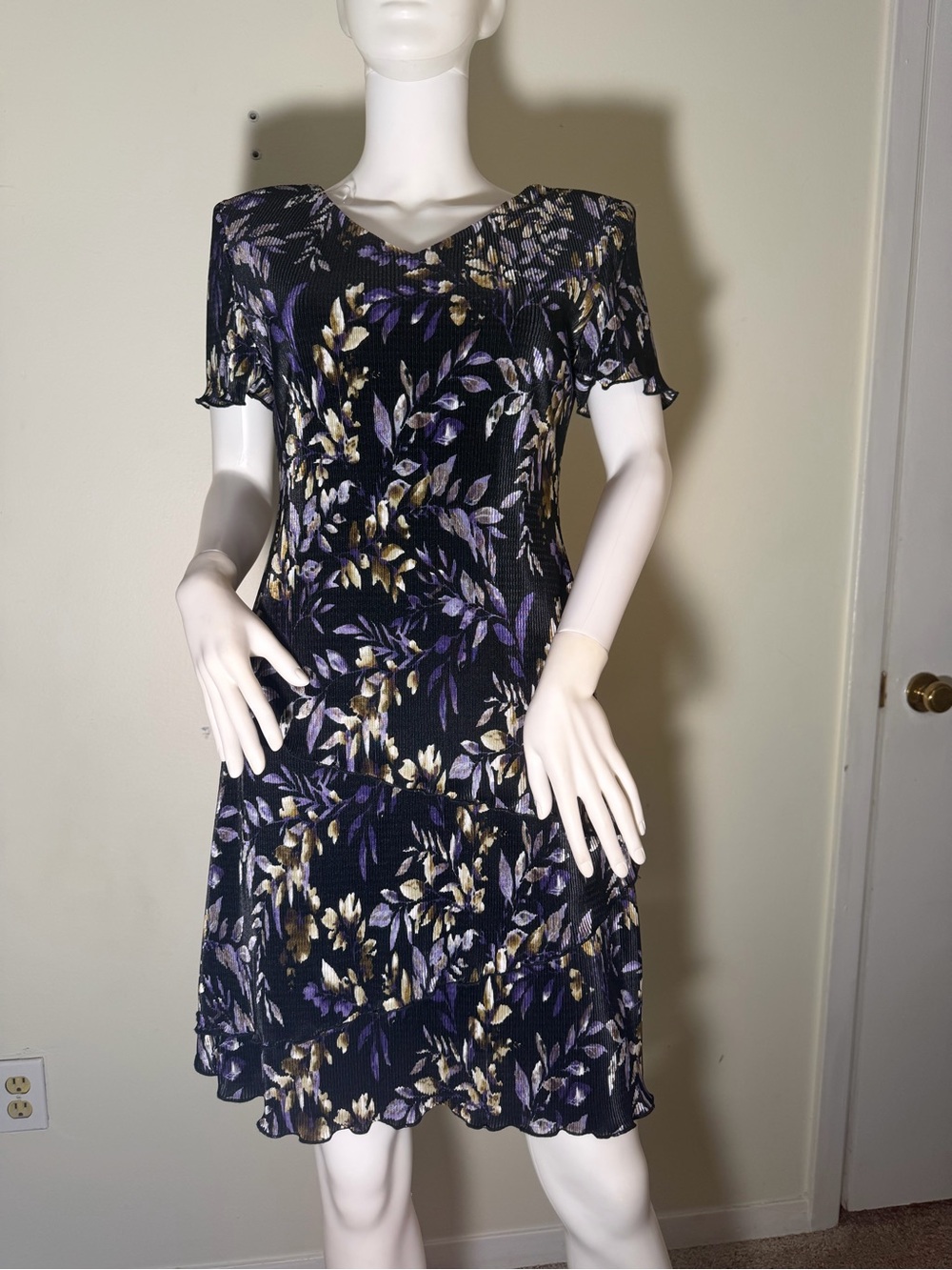 connected apparel Black Floral V-Neck Mini Dress with Purple and Gold Accents